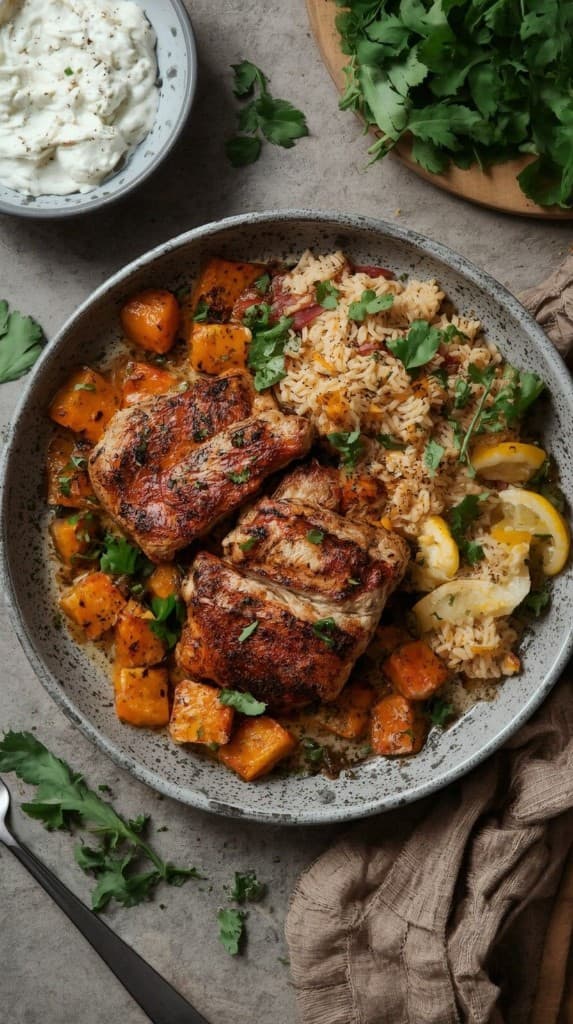 A plate of herb-roasted chicken with vegetables