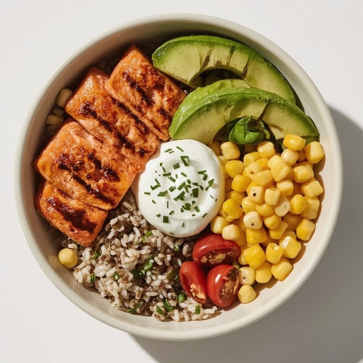 A bowl of grilled salmon, avocado, corn, tomatoes and rice, seen from above