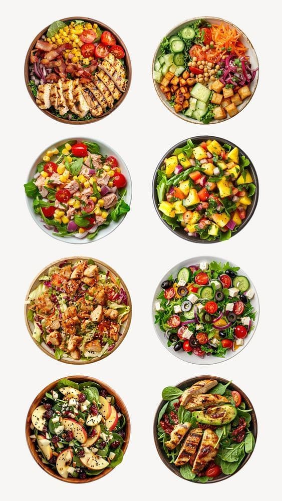 Eight different salad bowls photographed from above on a plain light background